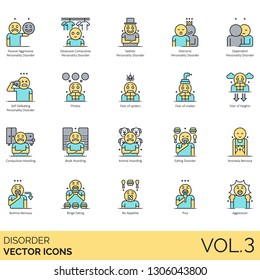 Disorder Icons Including Passive Aggressive, Obsessive Compulsive, Sadistic, Histrionic, Dependent, Phobia, Fear Of Spiders, Snake, Height, Book Hoarding, Animal, Anorexia, Bulimia, Binge, Aggression.