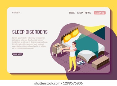 Disorder of night resting isometric web page with girl during walking in sleep vector illustration