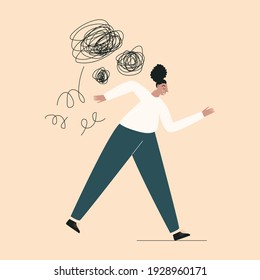 Disorder and panic attack of young african girl. Depressed and frustrated black woman with nervous problem feel anxiety and confusion of thoughts. Cartoon flat vector illustration isolated background