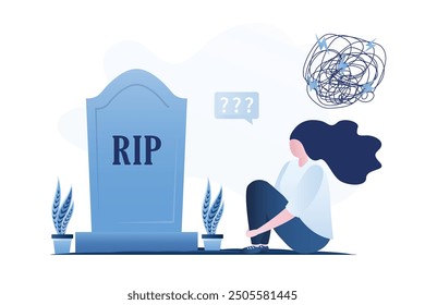 Disorder woman crying on grave of husband. Sad girl grieving in cemetery. Unhappiness woman sitting near gravestone of beloved partner or other close person. Family member death. vector illustration