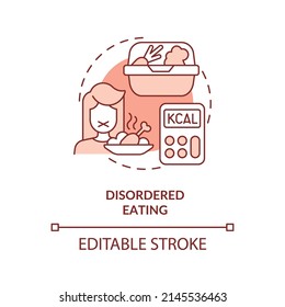 Disordered eating red concept icon. Over fixation and restrictions. Side effect abstract idea thin line illustration. Isolated outline drawing. Editable stroke. Arial, Myriad Pro-Bold fonts used