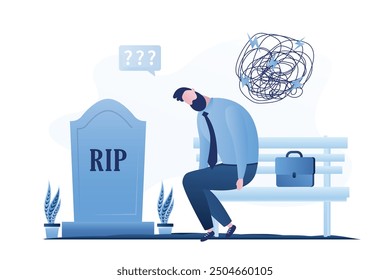 Disordered man crying on grave of wife. Sad guy grieving in cemetery. Unhappiness man sitting near gravestone of beloved partner or other close person. Family member death. flat vector illustration