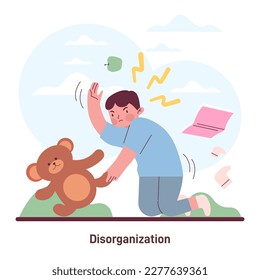 Disorganization as a ADHD symptom. Attention deficit hyperactivity disorder signs. Stressful and chaotic behavior explanation. Child with mental problem. Flat vector illustration