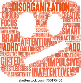 Disorganization ADHD word cloud on a white background. 