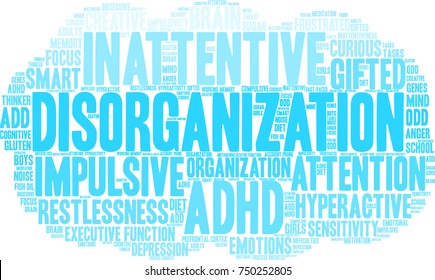 Disorganization ADHD word cloud on a white background. 