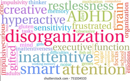 Disorganization ADHD word cloud on a white background. 
