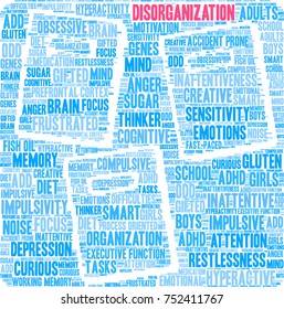 Disorganization ADHD word cloud on a white background. 