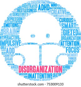 Disorganization ADHD word cloud on a white background. 