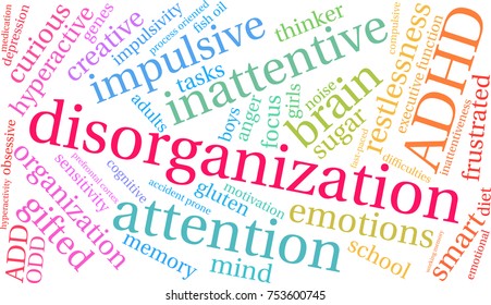 Disorganization ADHD word cloud on a white background. 