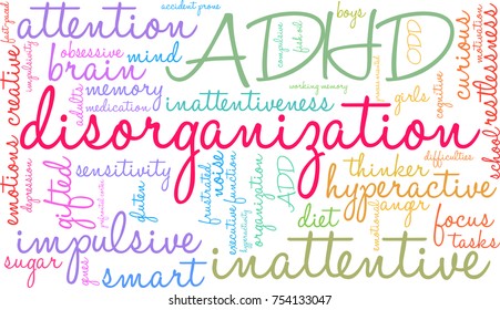 Disorganization ADHD word cloud on a white background. 