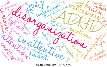 Disorganization ADHD word cloud on a white background. 