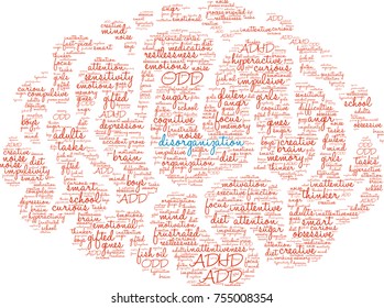 Disorganization ADHD word cloud on a white background. 