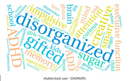 Disorganized ADHD word cloud on a white background.  