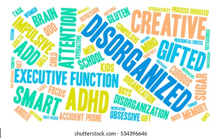 Disorganized ADHD word cloud on a white background.  