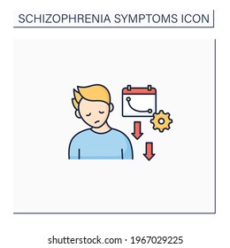 Disorganized Behavior Color Icon. Decline Overall Daily Functioning.Tiredness. Low Daily Activity. Schizophrenia Symptoms Concept. Isolated Vector Illustration