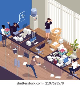 Disorganized Chaotic Messy Work Isometric Composition With Overworked Office People Vector Illustration