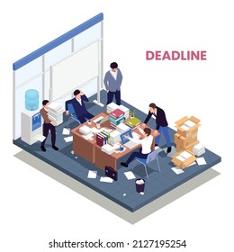 Disorganized Chaotic Office Work Isometric Composition With Frustrated Employees Missing Deadline Vector Ilustration