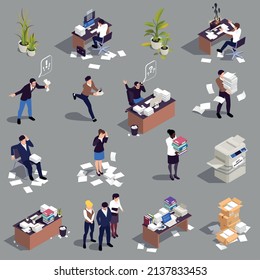 Disorganized chaotic office work isometric set with stressed business people isolated vector ilustration