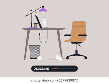 A disorganized desk with a lamp, laptop, and scattered papers illustrates the frantic atmosphere of a workspace under pressure, A trash bin filled with crumpled papers adds to the urgency