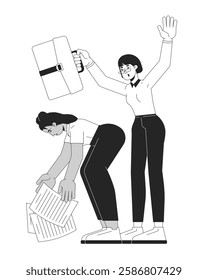 Disorganized employees diverse female black and white 2D line characters. Businesswoman picking papers, business woman holding briefcase isolated vector outline people. Monochromatic spot illustration