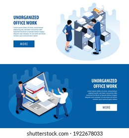 Disorganized office space productivity problems 2 isometric horizontal banners with unorganized workplaces messy paper piles vector illustration