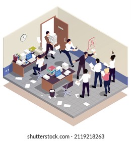 Disorganized office work isometric composition with chaotic messy business employees overloaded with paperwork vector illustration