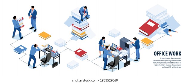 Disorganized office work problems isometric infographic flowchart with messy desks fellow colleagues on folders piles vector illustration