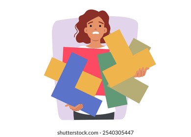 Disoriented woman holding puzzle pieces, experiencing problems due to lack of task management skills. Disoriented unhappy girl needs planning to get rid of chaos in personal affairs