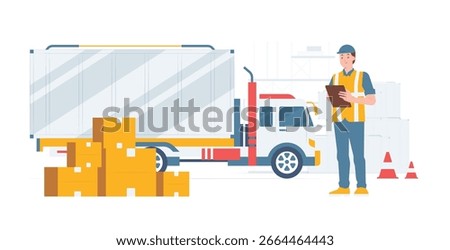 Dispatch inspection duties of logistics warehouse worker with clipboard next to delivery cargo truck and boxes in loading dock environmental concept illustration