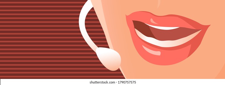 Dispatcher girl mouth. Speaks into the microphone. Vector illustration banner.