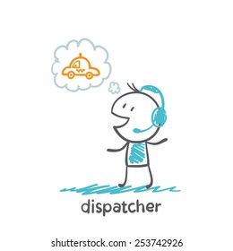 dispatcher headphones with microphone and thinks about a taxi, illustrator