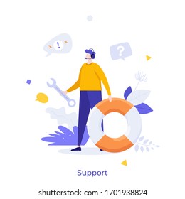 Dispatcher or hotline operator wearing headset, holding wrench and lifebuoy. Concept of customer or technical support service, helpline, call center. Modern flat colorful vector illustration.