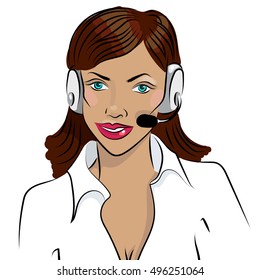 Dispatcher. The image of the smiling african woman talking on a headphone.