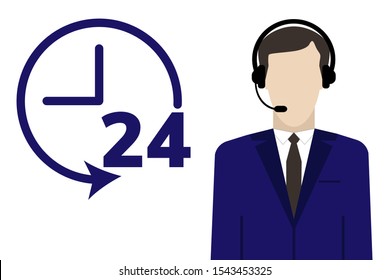 Dispatcher round the clock with headphone isolated on white background. Telephone operator in a jacket and and 24 hours a day clock icon. Concept of call center or support.