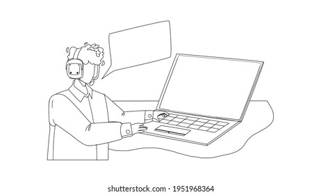 Dispatcher Speaking With Client At Computer Black Line Pencil Drawing Vector. Dispatcher Giving Instruction And Talking With Customer Through Video Call. Digital Technical Support Illustration