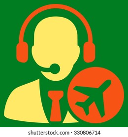 Dispatcher vector icon. Style is flat bicolor orange and yellow symbol, rounded angles, green background.
