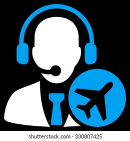 Dispatcher vector icon. Style is flat bicolor blue and white symbol, rounded angles, black background.
