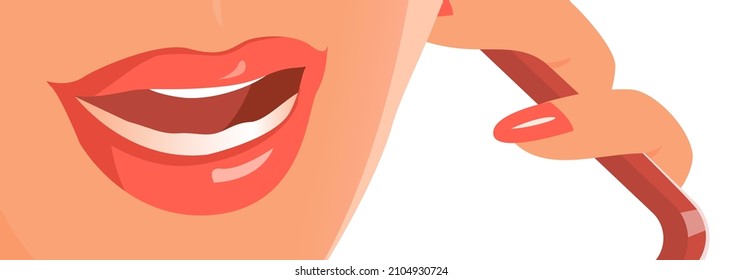 Dispatcher young woman mouth. She speaks on her smartphone. lips close up. Vector horizontal illustration