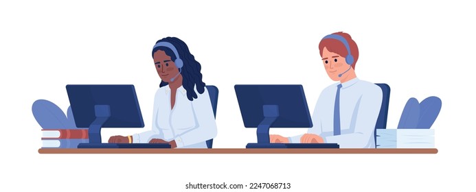 Dispatchers in call center semi flat color vector characters. 911 operators. Editable figures. Full body people on white. Simple cartoon style illustration for web graphic design and animation