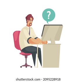 Dispatchers client support call center composition with view of male agent at working place with question mark vector illustration