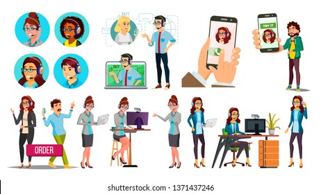 Dispatchers, Client Support Team Vector Characters Set. Male, Female Dispatchers Using Professional Equipment. Operators, Sales Managers Wearing Headset. Call Center Workers Flat Illustration