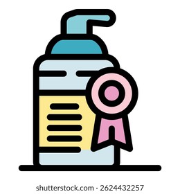 Dispenser bottle with a certification badge, ensuring product quality, safety, and compliance with industry standards