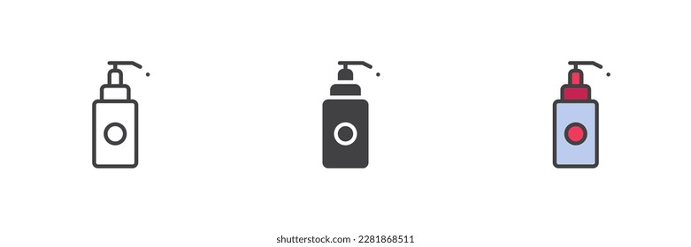 Dispenser bottle different style icon set. Line, glyph and filled outline colorful version, outline and filled vector sign. Symbol, logo illustration. Vector graphics