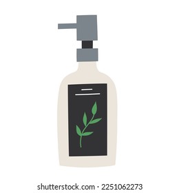Dispenser bottle icon, vector doodle illustration of organic cosmetics, skincare concept, natural beauty product with pump top and label, soap, foam and gel, isolated colored clipart