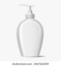 Dispenser bottle with mockup design realistic vector illustration. Liquid soap reusable plastic container 3d object on white background