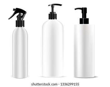 Dispenser Bottle Pump and Spray Set. Cosmetic Mockup of Plastic Container Variations for Lotion, Moisturizer, Deodorant, Water. 3d jar for Foam, Shower. Realistic Packaging.