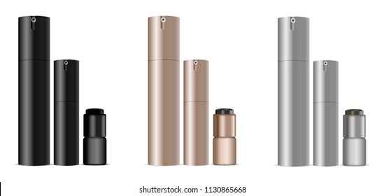 Dispenser bottles for deodorant, parfume, cream, eye contour. Cosmetic spray can set. Black, Golden and Silver aerosol containers EPS10 vector illustration.