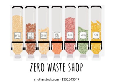 Dispenser for bulk products. Sale of products by weight. Zero waste shop. Say no to plastic! Vector illustration isolated on white.