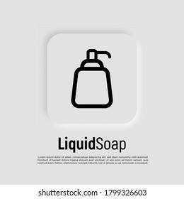 Dispensador para gel o espuma de jabón delgado icono de línea delgada. Botella con bomba. Ilustración vectorial moderna de los equipos de baño. 