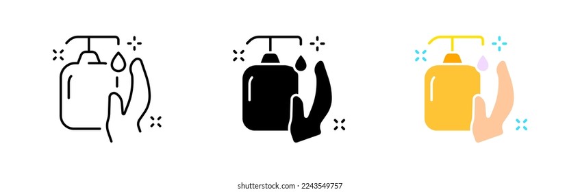 Dispenser with hand line icon. Liquid soap, sanitizer, antiseptic, wash hands, personal hygiene, quarantine, coronavirus, distancing. Health care concept. Vector icon in line, black and colorful style